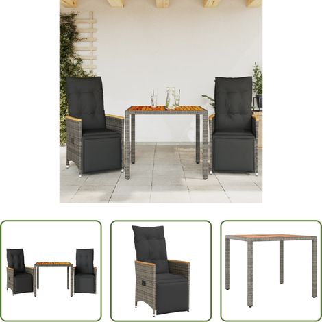 vidaXL Relaxsessel - 3-tlg. Garten-Bistro-Set mit Kissen Grau Poly Rattan (1/5)