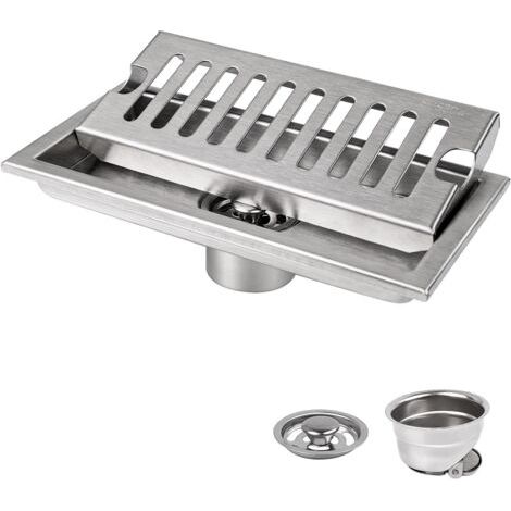 Siphon de Sol, 20 x 10 cm Siphon de Sol Rectangulaire, Argent Siphon de Sol avec Grille en Acier Inoxydable, Convient pour WC, Salle de Bain, Cuisine, Balcon (1/5)