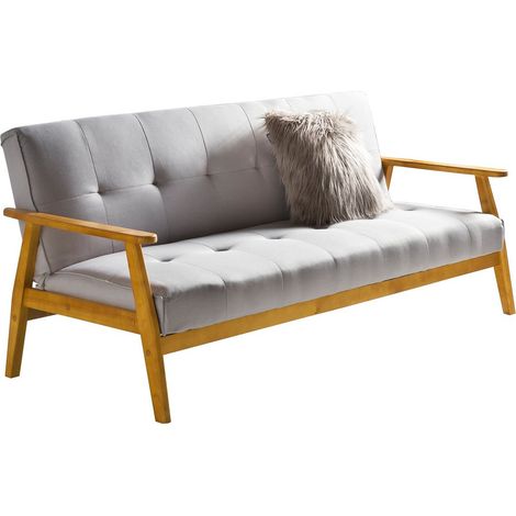 Canapé convertible scandinave en tissu tissé gris clair et chêne massif 190x85x81 cm - PANGIVO (1/5)