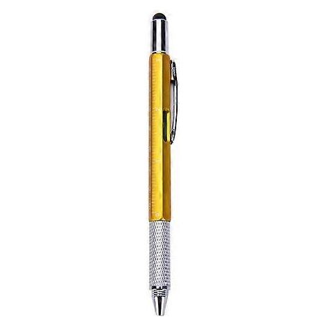 Stylo-outil multifonction 6 en 1 avec tournevis, règle, niveau à bulle, embout et échelle. Stylet tactile.