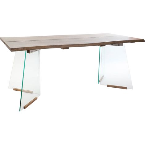 Table à manger Table repas rectangulaire en MDF coloris marron et verre transparent - Longueur 180 x Hauteur 76 x Profondeur 90 cm -PEGANE- (1/5)