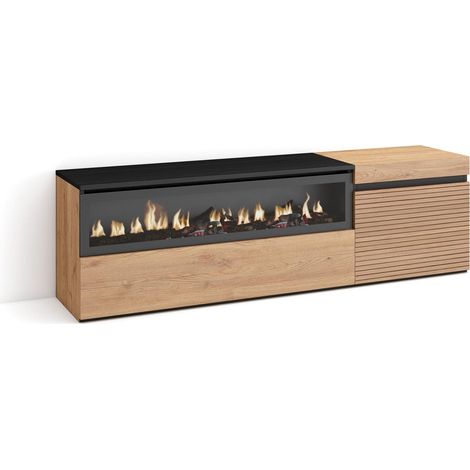 Skraut Home – Meuble TV avec cheminée électrique – Grand espace de rangement 150x35x45cm – Pour TV jusqu'à 65" – Style moderne chêne noir (1/5)