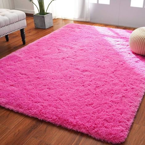 Tapis shaggy 60x90 cm rose vif, peluche douce, chambre enfant/salon/dortoir/déco Noël (1/5)