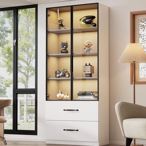 MEUBLIV Vitrine 60x40x160 cm blanche – LED multicolore, portes en verre, 2 tiroirs (1/5)