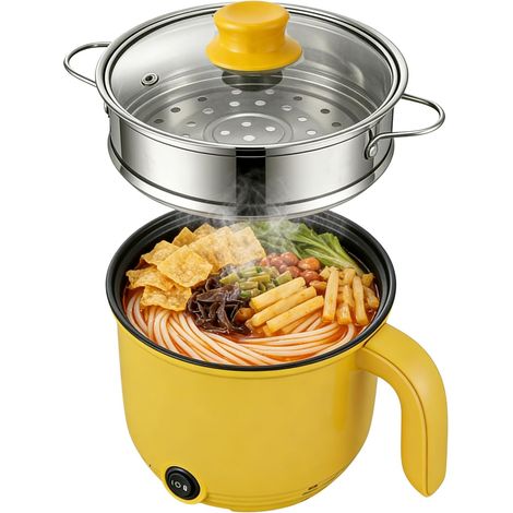 Marmite Électrique, 1.3 L Hot Pot Électrique Avec Cuiseur Vapeur En Acier Inoxydable, 600 W, 220 V Mini Hot Pot, Marmite Portable, Casserole Électrique Pour La Maison, Le Bureau, Le Dortoir, Jaune (1/5)
