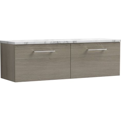 Nuie Arno Wall Hung 2-Drawer Vanity Unit with Carrera Marble Worktop 1200mm Wide - Solace oak (1/4)