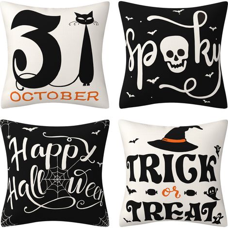 Lot de 4 taies d'oreiller en lin Halloween, 45 x 45 cm, noir, décoration d'intérieur, taie d'oreiller, coussin de canapé (1/5)