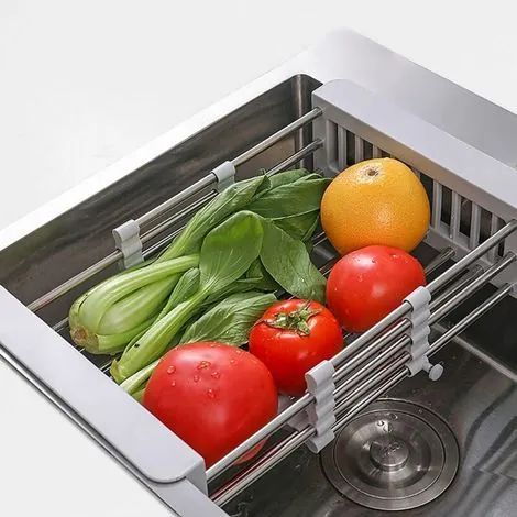 Égouttoir à vaisselle pour évier de cuisine. Égouttoir pour fruits et légumes. Convient aux éviers carrés hauts de 29 à 47 cm. (1/3)