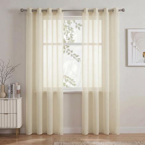 Leichte beige Leinen-Gardinen mit 4 cm großen Ösen, 2er-Set, halbtransparente Polyester-Gardinen, die Licht durchlassen, für Wohnzimmer, Schlafzimmer oder Büro, 140 x 260 cm pro Vorhang. (1/5)