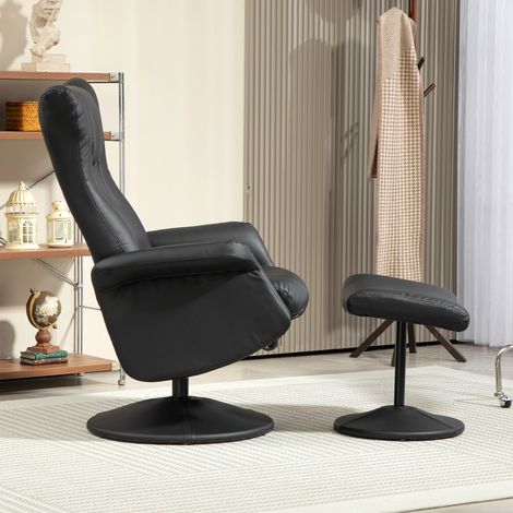 Sillón reclinable giratorio 360° con reposapiés, respaldo ajustable, cuero sintético negro (1/5)