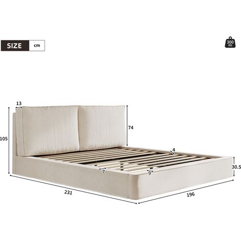 Lit double rembourré 180x200cm avec sommier, tête de lit capitonnée, velours beige, literie complète (1/5)