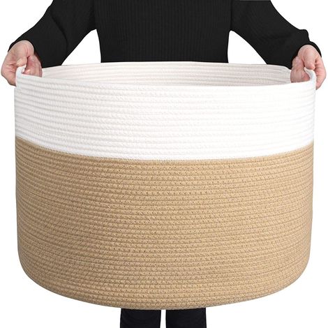 Lntyq grand panier en corde de coton pour le salon - Panier de rangement tissé avec poignée pour couvertures, serviettes et oreillers Panier à linge - Crème et marron (55 x 35 cm)