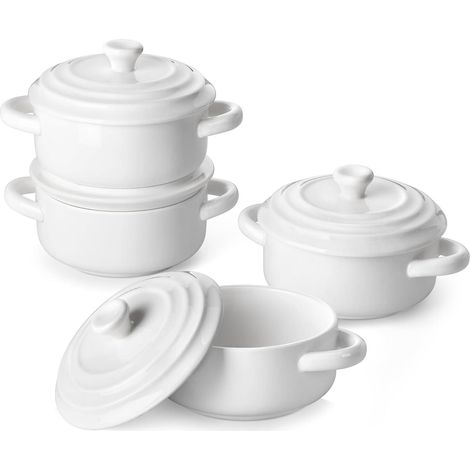 Cocottes avec couvercles - Plats à four - Céramique, empilables et résistantes à la chaleur jusqu'à 240 °C - Lot de 4 - Pour portions individuelles - Blanc (1/4)