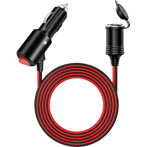 Rallonge Prise Allume-Cigare 12V/24V 2 m avec Interrupteur LED, 16AWG Prise femelle protégée, fusible 15 A et 4 rechanges pour voiture, camping-car, camion, moto et bateau (1/5)