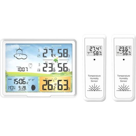 Station météo sans fil avec 2 capteurs extérieurs, écran couleur, alarme intérieure/extérieure, thermomètre et hygromètre, compatible avec Fonepro (1/4)