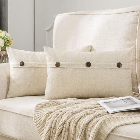 Lot de 2 housses de coussin blanches 30x50cm en lin avec boutons décoratifs. Décoration carrée en lin pour salon, canapé, chambre, maison. (1/5)