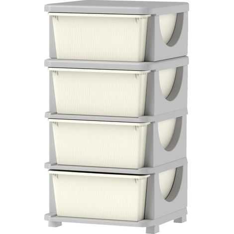 Boîte de rangement pour enfant avec 4 grandes tiroirs en plastique crème, 37x37x76 cm (1/5)