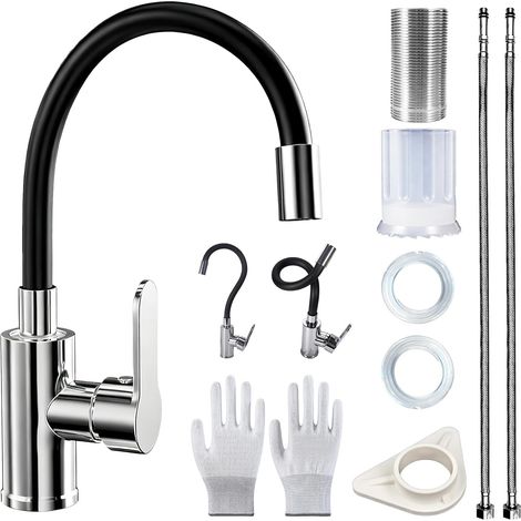 Küchenarmatur mit flexiblem Auslauf – 1-teilig – Edelstahl – 360° schwenkbar und 2 Strahlarten – Für moderne Spülbecken – Chrom-Finish (1/5)