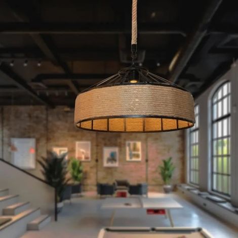 Lustre Suspension en Corde Chanvre Industrielle Lampe Plafonnier Vintage pour Salon Restaurant Bar (1/4)