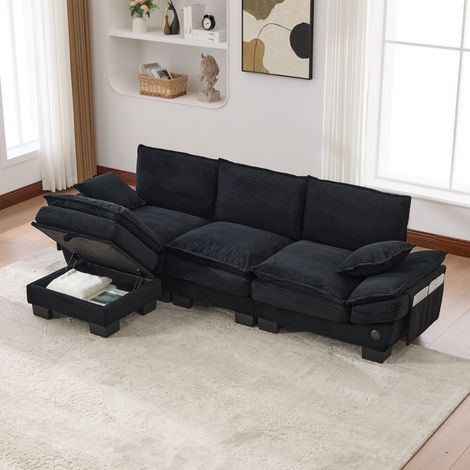Canapé modulaire 3 places avec tabouret, grande assise, ergonomique, mousse qualité, USB-C, compartiments latéraux, idéal salon bureau détente, noir (1/4)