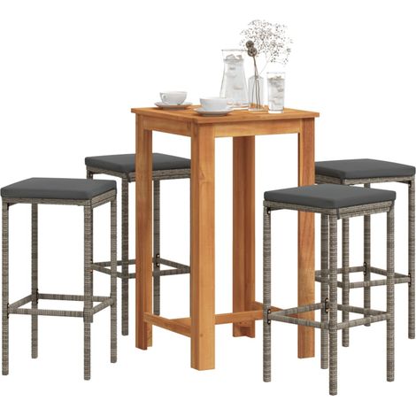 5-tlg. Gartenbar-Set Grau Massivholz Akazie und Poly Rattan