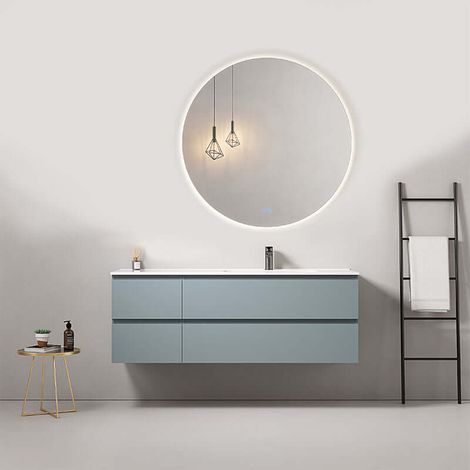Mobile bagno sospeso 140 cm Blu Avio Lavabo a Destra in Resina Specchio Tondo Retroilluminato - Fiji Paint (1/5)