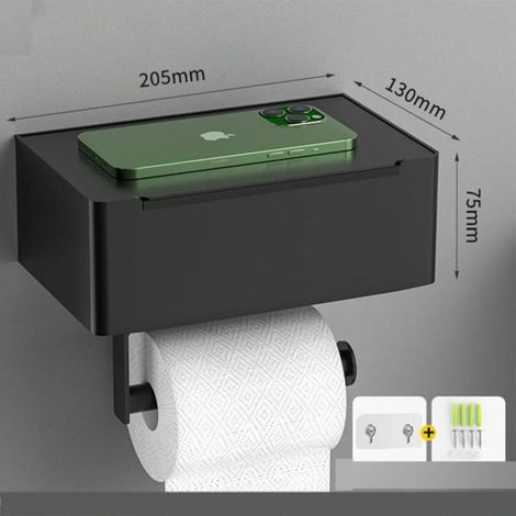 1 Porte-papier toilette mural, aluminium, noir mat, sans perçage, boîte à lingettes, tiroir, salle de bain (1/5)