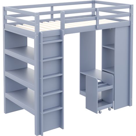Cama alta infantil 90 x 200 cm de madera con almacenamiento gris HOMVRA (1/5)