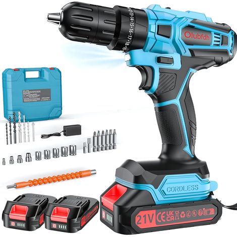 Perceuse Visseuse Sans Fil 21V Avec Batterie 4000mAh, 45Nm de couple max 25+3 positions de couple (2 vitesses & LED), 2 batteries 2,0Ah et chargeurpour la maison et le jardin projet DIY (Bleu) (1/5)