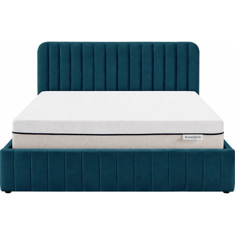Ensemble Lit coffre adulte 140x190cm avec tête de lit en velours bleu - Ava + Matelas ressorts ensachés - Spring Elite (1/5)