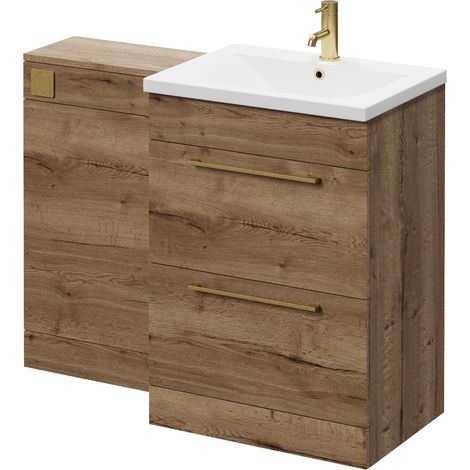Napoli 460 Tobacco Oak 1100mm 2 Drawer Vanity Unit Toilet Suite with Glide Basin - 1100mm - Brushed Brass 320mm HandleWithout Kingston Toilet Pan