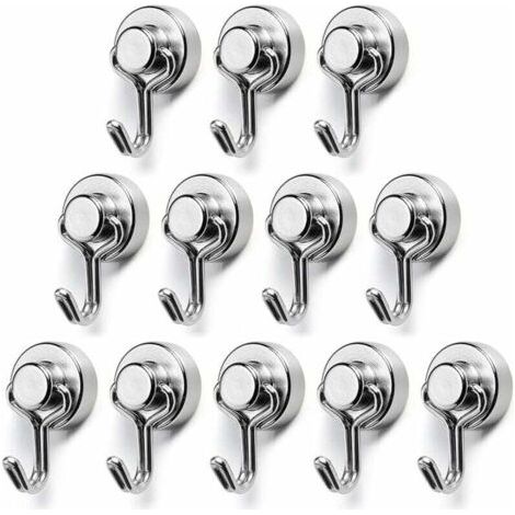 Crochet Magnétique, Diamètre 15mm Petit Puissant Crochet Métallique Aimantés en Néodyme, Capacité de Charge Maximale 7kg, Adapté pour Cuisine, Réfrigérateur, Bureau Lot de 12