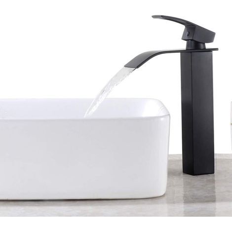 Black Single Lever Waterfall Bathroom Faucet, Square Brass Basin Mixer Tap, Tall Countertop Basin Mixer Tap with Hot and Cold Water (1/5)
