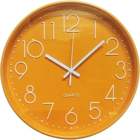 HOXILEELEO - Horloge murale silencieuse 30 cm (12 pouces), horloge de cuisine à quartz à piles, horloge ronde moderne à suspendre pour bureau, salle de classe, salon, chambres (orange) (1/4)