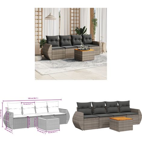 5-tlg. Garten-Sofagarnitur mit Kissen Grau Poly Rattan - Gartenmöbel - Outdoor Möbel - Rattan Gartenset - Lounge Set - Esstisch - Home & Living