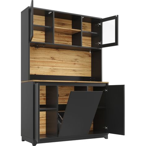 ELVMI Credenza Cucina Alta con LED e Vano per Pattumiera per Cucina in MDF e Metallo 120 x 40 x 180 cm Nero (1/5)