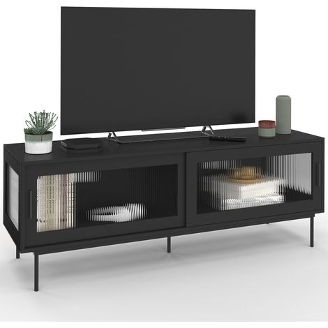 TV-Möbel 140 cm ZINEB 2 Schiebetüren aus Glas geriffelte Front schwarz
