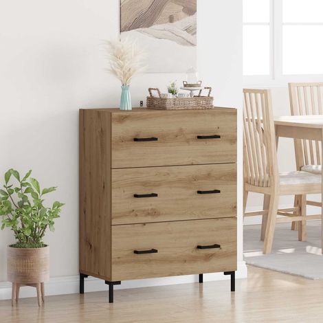 Buffet 3 tiroirs en bois d’ingénierie et fer chêne artisanal 69,5 x 34 x 90 cm - PANGIVO (1/5)