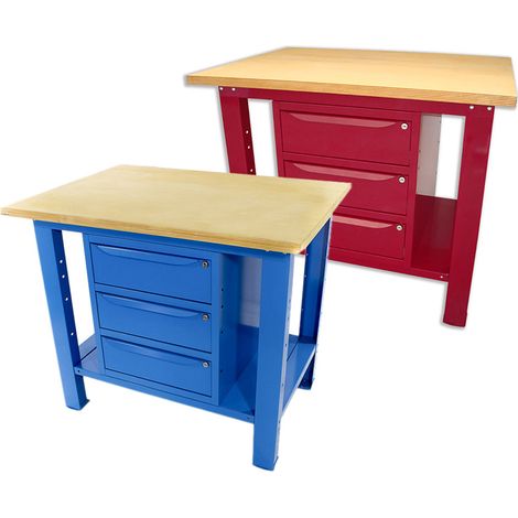 Banco da lavoro SOGI 1 metro con piano in legno portata 1000 kg + armadio a 3 cassetti - blu/rosso, ColoreRosso (1/5)