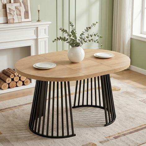 Table ronde extensible à rallonges 100-138-176x100x76cm,4 à 8 personnes,table à manger avec plateau épais,MDF et métal,chêne et noir (1/5)