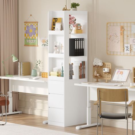 Meuble de rangement haut 200 cm – colonne étroite avec 3 niches ouvertes et 3 tiroirs, réversible gauche/droite, stabilisateur anti-chute, 60x40x200 cm, armoire de toilette (1/5)