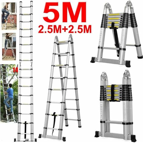 2,5m+2,5m Teleskopleiter Klappleiter, Aluminium Mehrzweckleiter mit Stabilisator, rutschfest Verlängerungsleiter Anlegeleiter Haushaltsleiter, 150kg Tragkraft, EN131