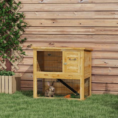 Clapier à lapin en bois 2 étages avec 3 portes plateau coulissant rampe toit bitumé 85 x 50 x 80 cm jaune