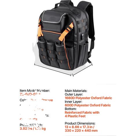 Sac à dos à outils, 45 poches, construction en tissu Oxford durable, 12-14inch (1/2)
