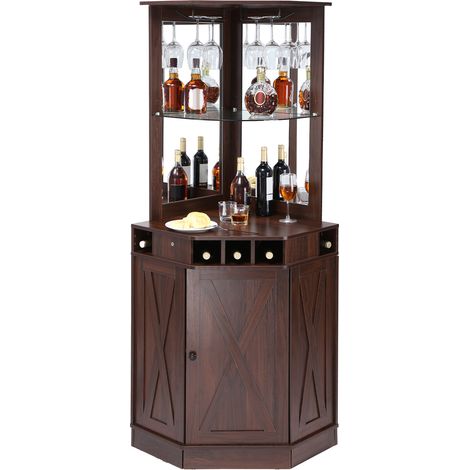 VEVOR Armoire Bar Industrielle de Coin, Meuble de Bar pour Liqueurs et Verres, Buffet avec Porte-verres, Grand Presentoir a Vin Autoportante en Bois pour Salon, Maison, Bar Domicile, Cafe, Marron