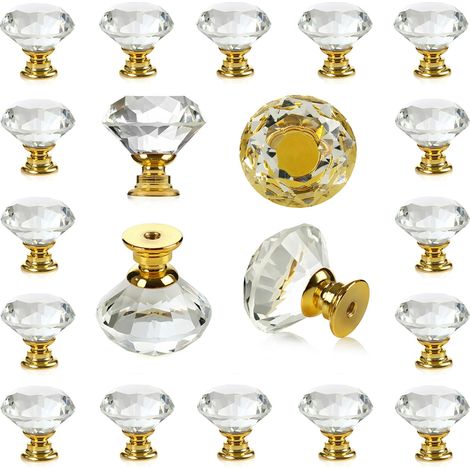 25 goldene Schubladen aus Kristallglas, die als dekorative Knöpfe verwendet werden
