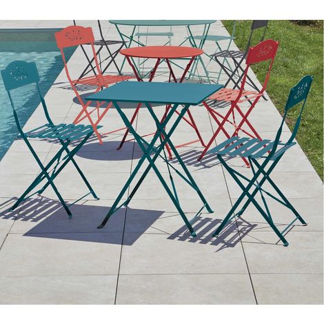 Table carrée de jardin pliante en acier traité époxy – 60x60 cm – Résistante aux intempéries – Capacité 2 personnes – Coloris bleu canard – Ozalide (1/3)