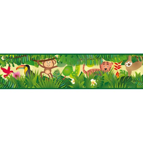 Frise enfant animaux de la jungle Lovely Kids Frise murale idéale pour une chambre d'enfant Frise papier peint vert (1/5)