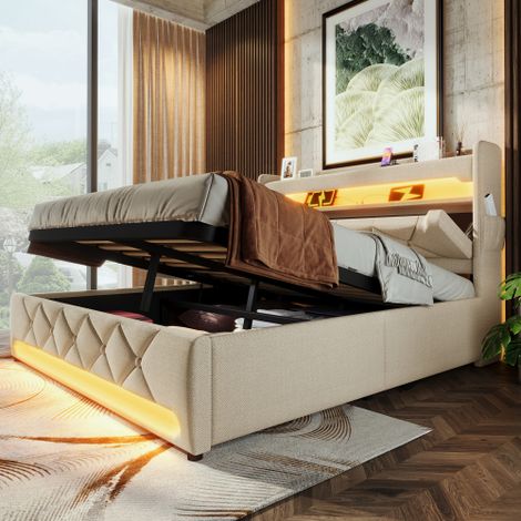 Polsterbett Einzelbett, Stauraum Kopfteil mit USB und Typ C-Port ,360-Surround-LED-Funktion rund um Kopf- und Fußende des, Betten mit Hydraulisch Stauraum, Leinen(Ohne Matratze)