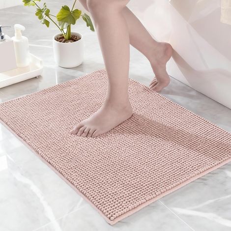 1 Tapis de bain Chenille Antidérapant Absorbant Séchage rapide Lavable machine Salle de douche 50x80cm Rose